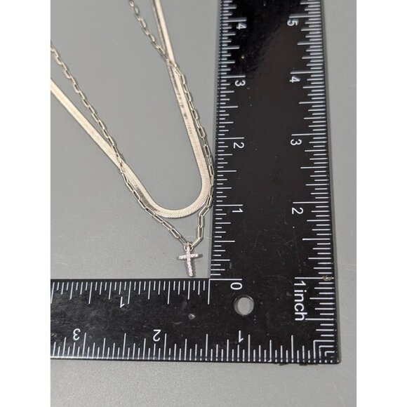 Silver Tone Herringbone Chain Layered Dainty Cross Charm Necklace 16 in - Picture 7 of 7
